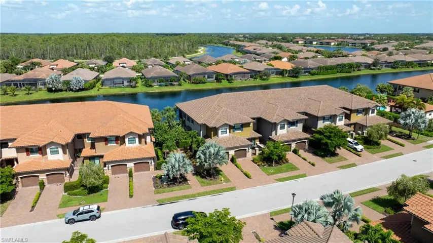 Aerial view of residential area with a nearby body of water