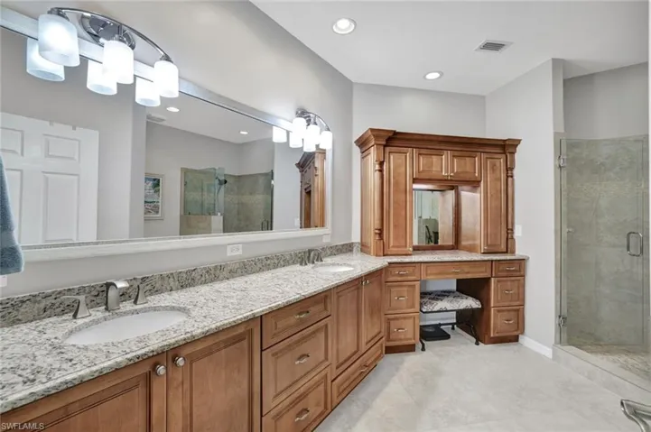 Bathroom featuring double vanity, a shower stall, visible vents, and a sink