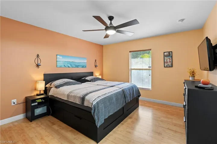 Bedroom featuring light wood finished floors and a ceiling fan