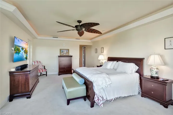 Primary bedroom with tray ceiling & carpeting