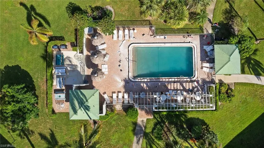 View from above of property featuring a pool