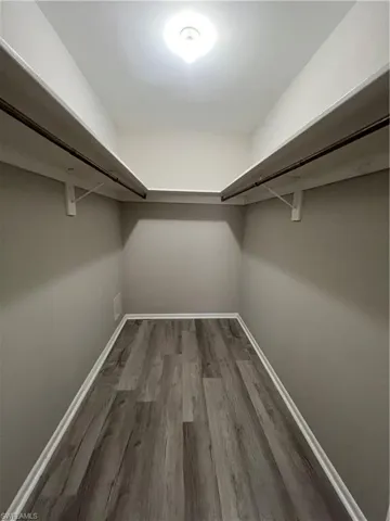 Walk in closet with dark hardwood / wood-style flooring