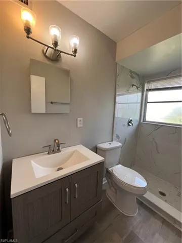 Bathroom with tiled shower, hardwood / wood-style flooring, toilet, and vanity