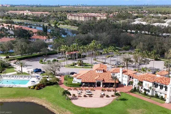 Birds eye view of property with a water view