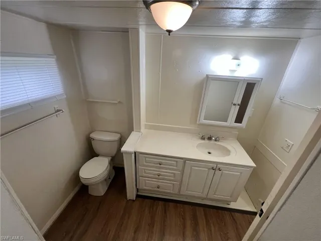 Bathroom featuring wood-type flooring, vanity, and toilet
