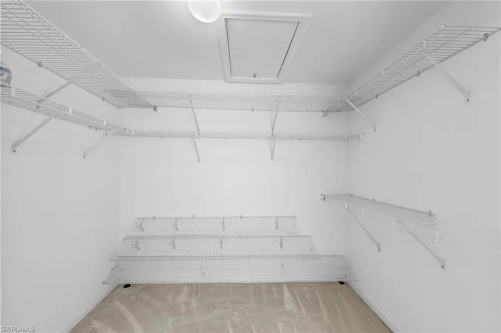 Spacious closet with light colored carpet and attic access