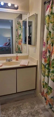 Bathroom featuring a shower with shower curtain and vanity