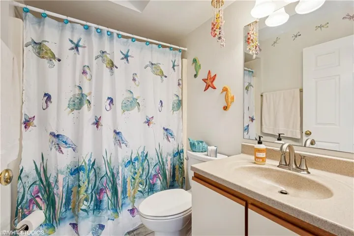 Full bathroom featuring vanity, a shower with shower curtain, and toilet