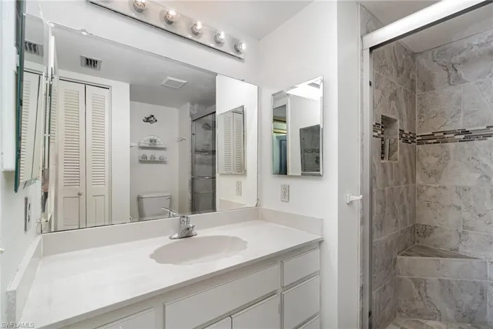 Bathroom with a shower stall, vanity, and a closet