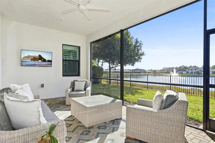Outdoor seating, and a water view