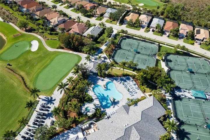Aerial perspective of suburban area with a golf club