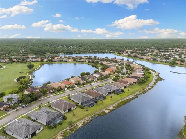 Aerial view of residential area with a large body of water