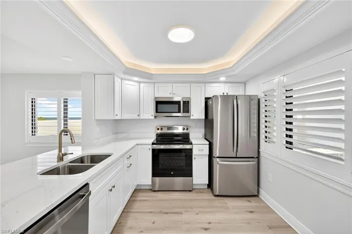 Kitchen featuring stainless steel appliances, a raised ceiling, light quartz countertops, and white cabinets