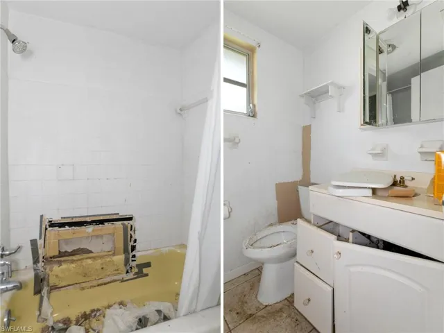 Full bathroom featuring tile patterned flooring, shower / bath combo, vanity, and toilet