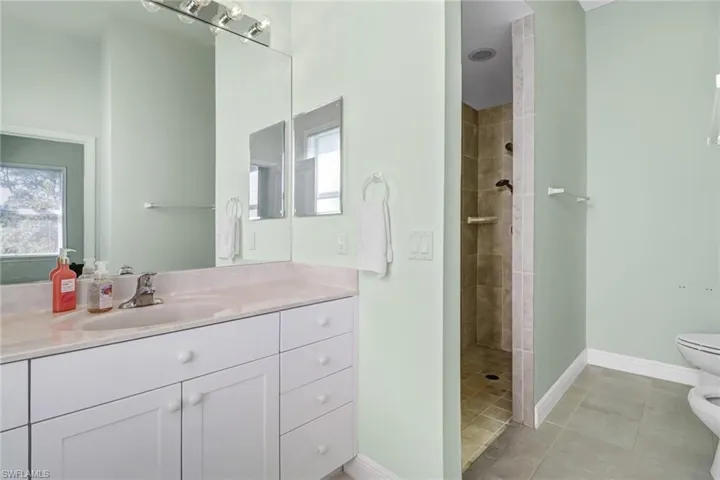 Mast Bathroom #1 with toilet, a healthy amount of sunlight, vanity, bidet and tiled, walk-in shower