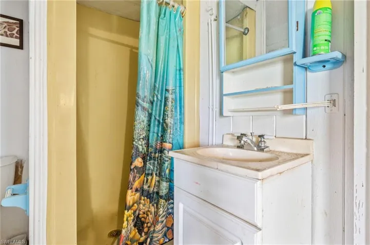 Bathroom featuring vanity, toilet, and curtained shower