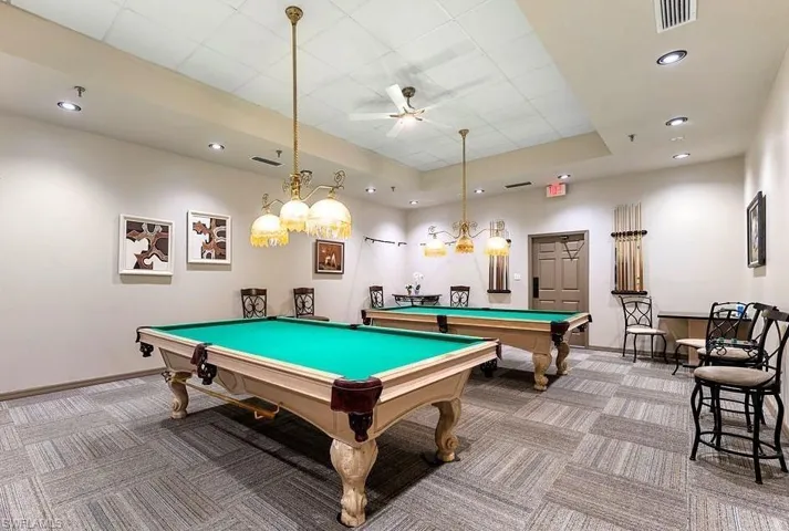 Rec room featuring billiards, ceiling fan, and recessed lighting