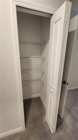 Bi-fold paneled door opening to a closet featuring multiple wire shelving units and grey carpet flooring
