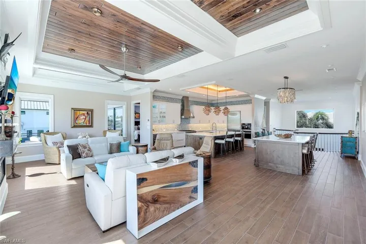 Living room with a tray ceiling, healthy amount of natural light, ceiling fan, wood finished floors, and crown molding