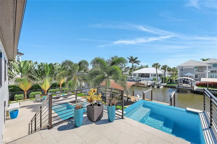 View of pool with a water view