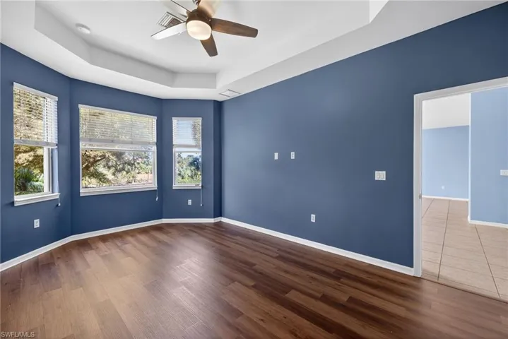 Unfurnished room with a raised ceiling, a ceiling fan, and dark wood-type flooring