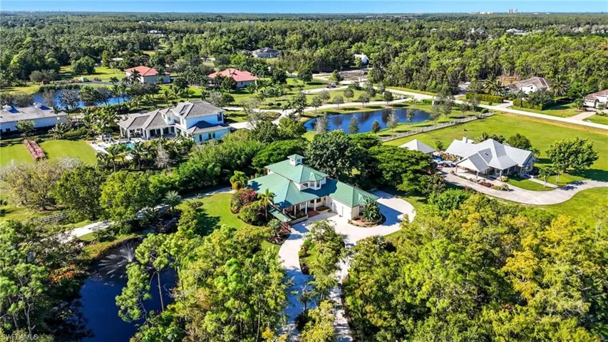 Drone / aerial view of a nearby body of water and a forest