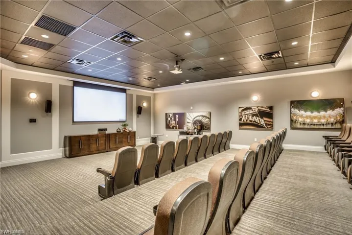Cinema with a drop ceiling, light colored carpet, and recessed lighting