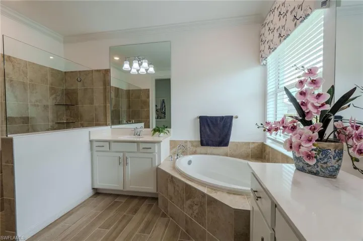 Spacious bathroom featuring a built-in soaking tub, a separate glass-enclosed shower with tile surround, a single vanity with storage, and wood-finish flooring