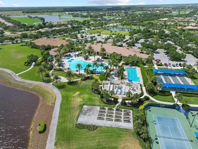 Aerial view of a large body of water and a pool area