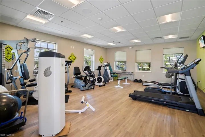 Workout area with a drop ceiling, plenty of natural light, and wood finished floors