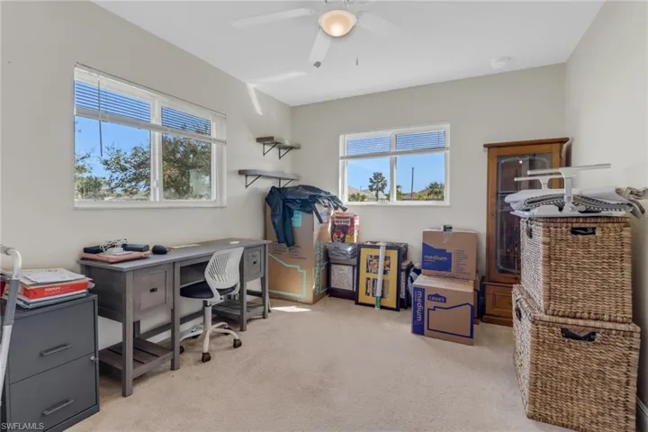 Carpeted home office featuring ceiling fan and a healthy amount of sunlight