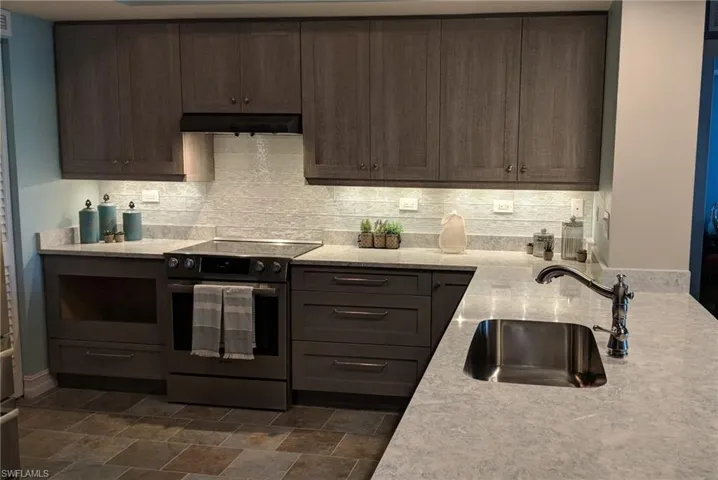 Kitchen featuring sink, decorative backsplash, stainless steel electric range oven, dark brown cabinets, and extractor fan