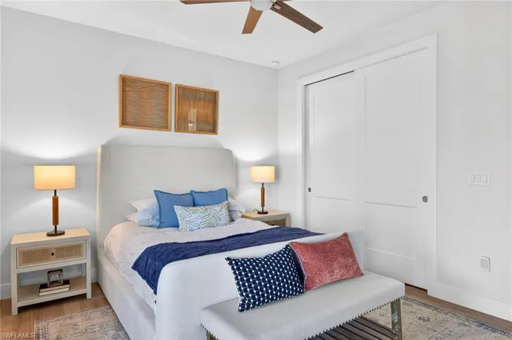 Bedroom featuring light wood finished floors, a closet, and ceiling fan