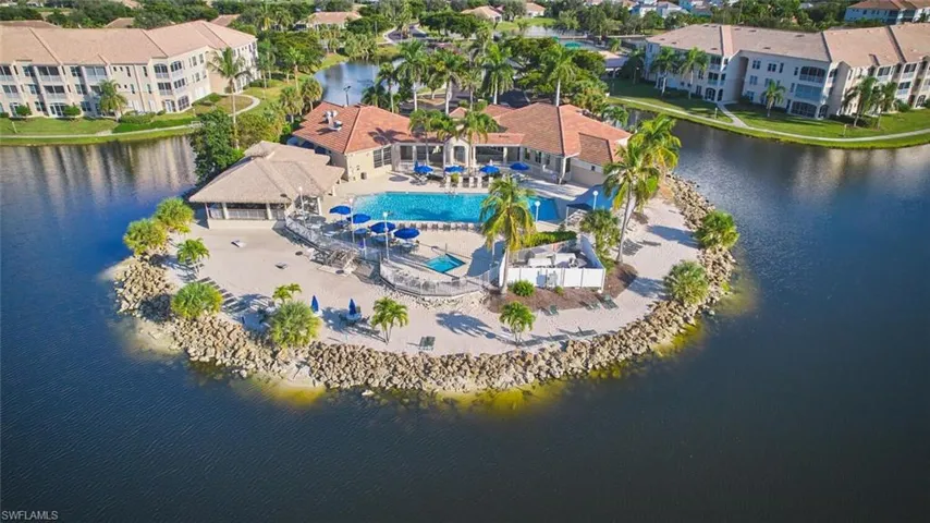 Aerial view of a large body of water and a pool