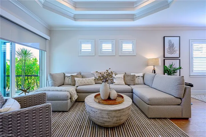 Living room with crown molding, wood-type flooring, and a tray ceiling