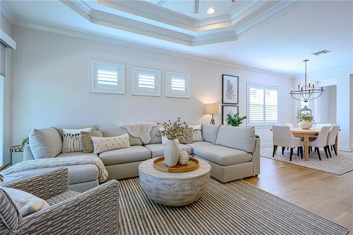 Living room featuring ornamental molding, a tray ceiling, and light hardwood / wood-style flooring