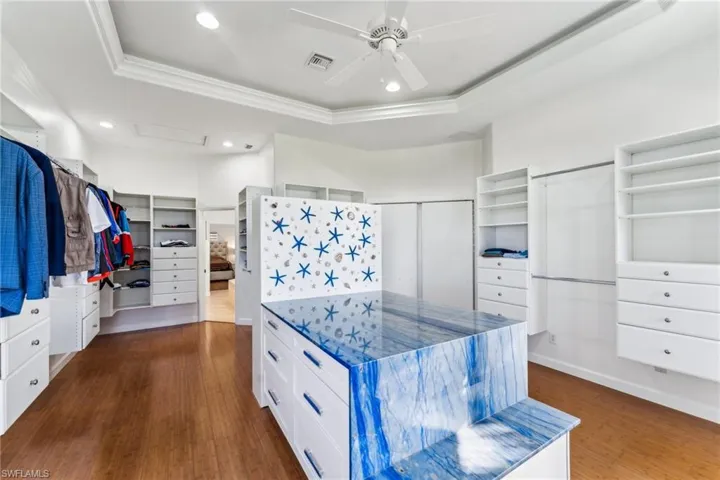 Walk in closet with dark hardwood / wood-style flooring, a raised ceiling, and ceiling fan