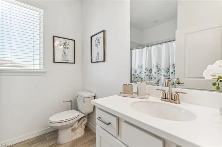 Bathroom featuring vanity, a shower with shower curtain, and wood finish floors