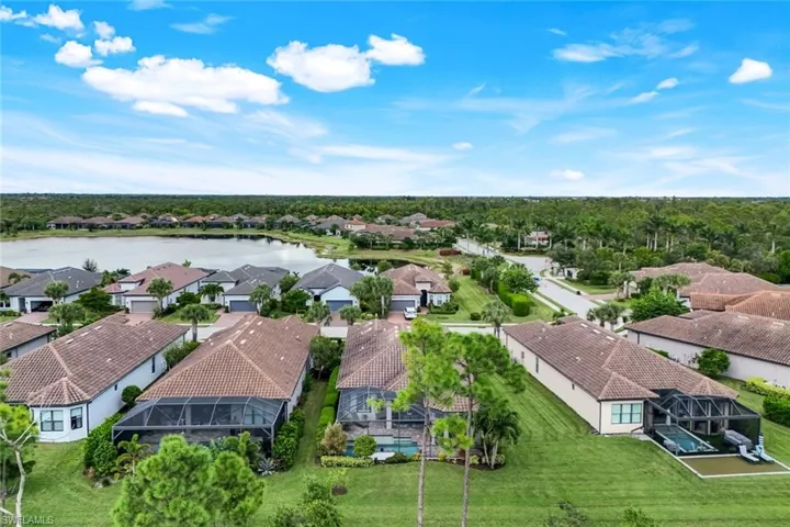 Aerial perspective of suburban area featuring a nearby body of water