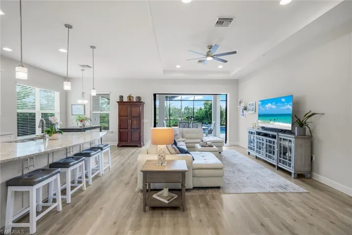 Living area with luxury vinyl plank floors, a tray ceiling, recessed lighting, Large kitchen island with under counter storage in front.