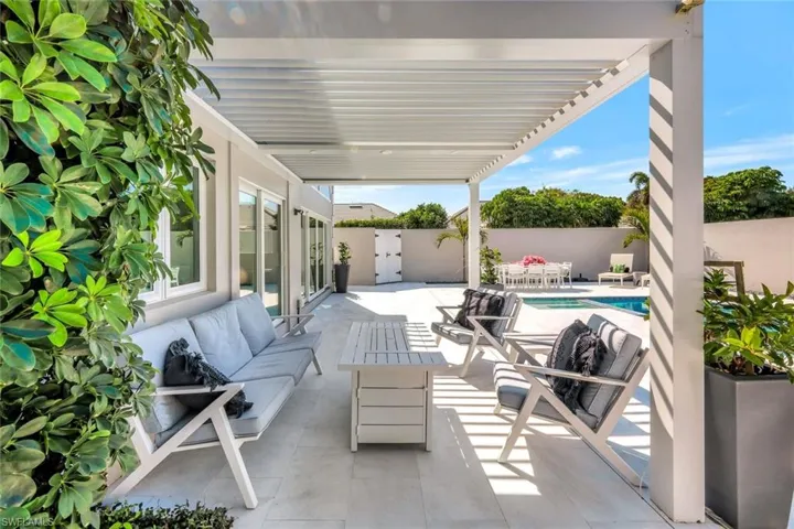 View of patio with a fenced backyard, a fenced in pool, and an outdoor hangout area