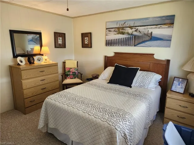 Bedroom with crown molding and carpet flooring