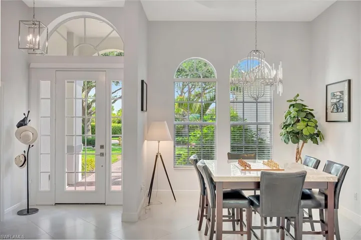 Dining area with a chandelier
