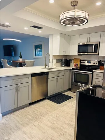 Kitchen featuring stainless steel appliances, crown molding, a tray ceiling, gray cabinets, and a peninsula