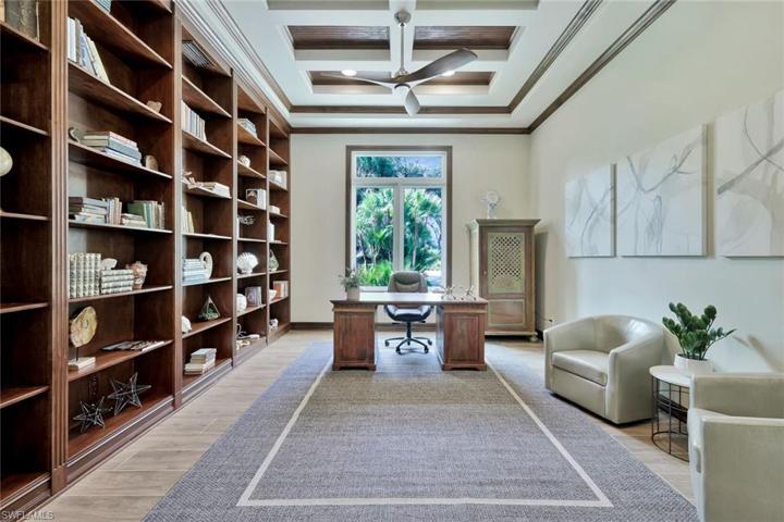 Spacious Office/Den w. Striking Ceiling Detail & Full-Wall Custom Wood Built-In