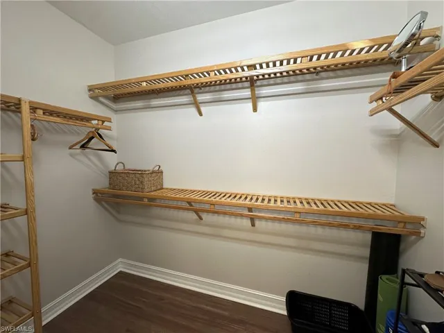 Master Walk-in  closet featuring dark wood-type flooring