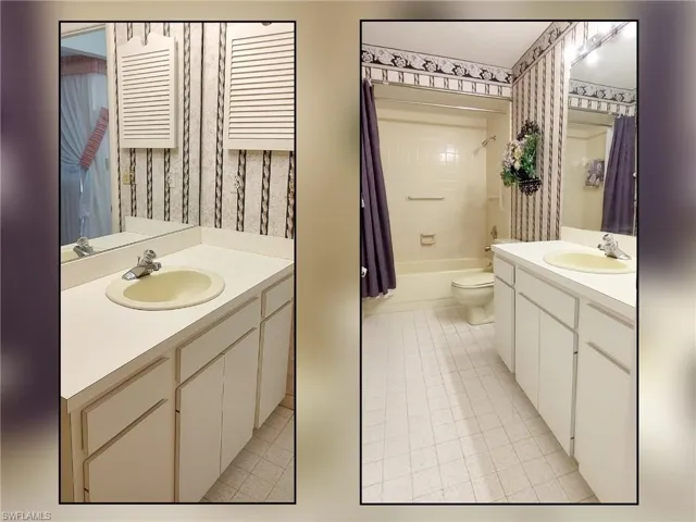 Full bath featuring shower / bath combination with curtain, light tile patterned flooring, and two vanities