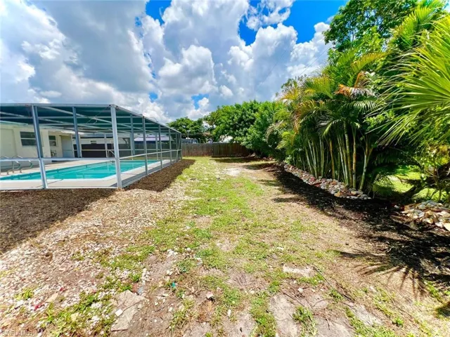 Expansive backyard featuring a screened-in swimming pool, a concrete pool deck, and mature palm trees along the property line