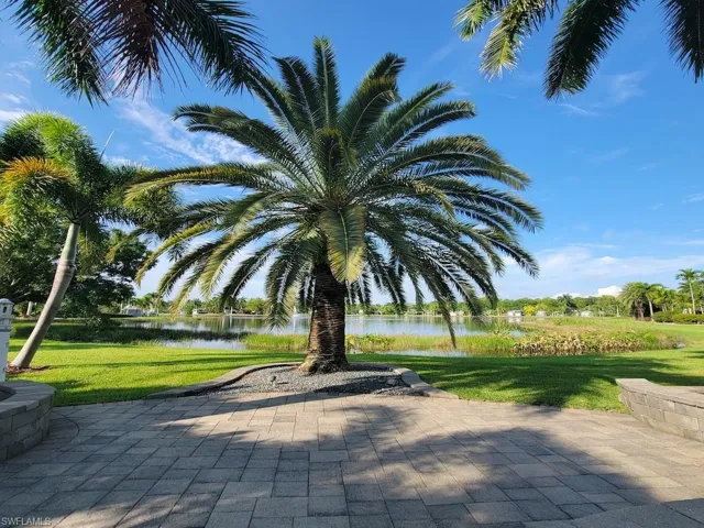 View of property's community featuring a water view and a lawn