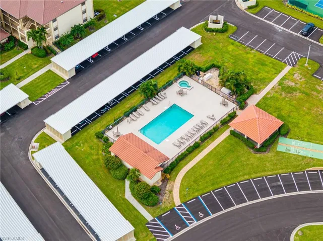 Drone / aerial view of a pool area